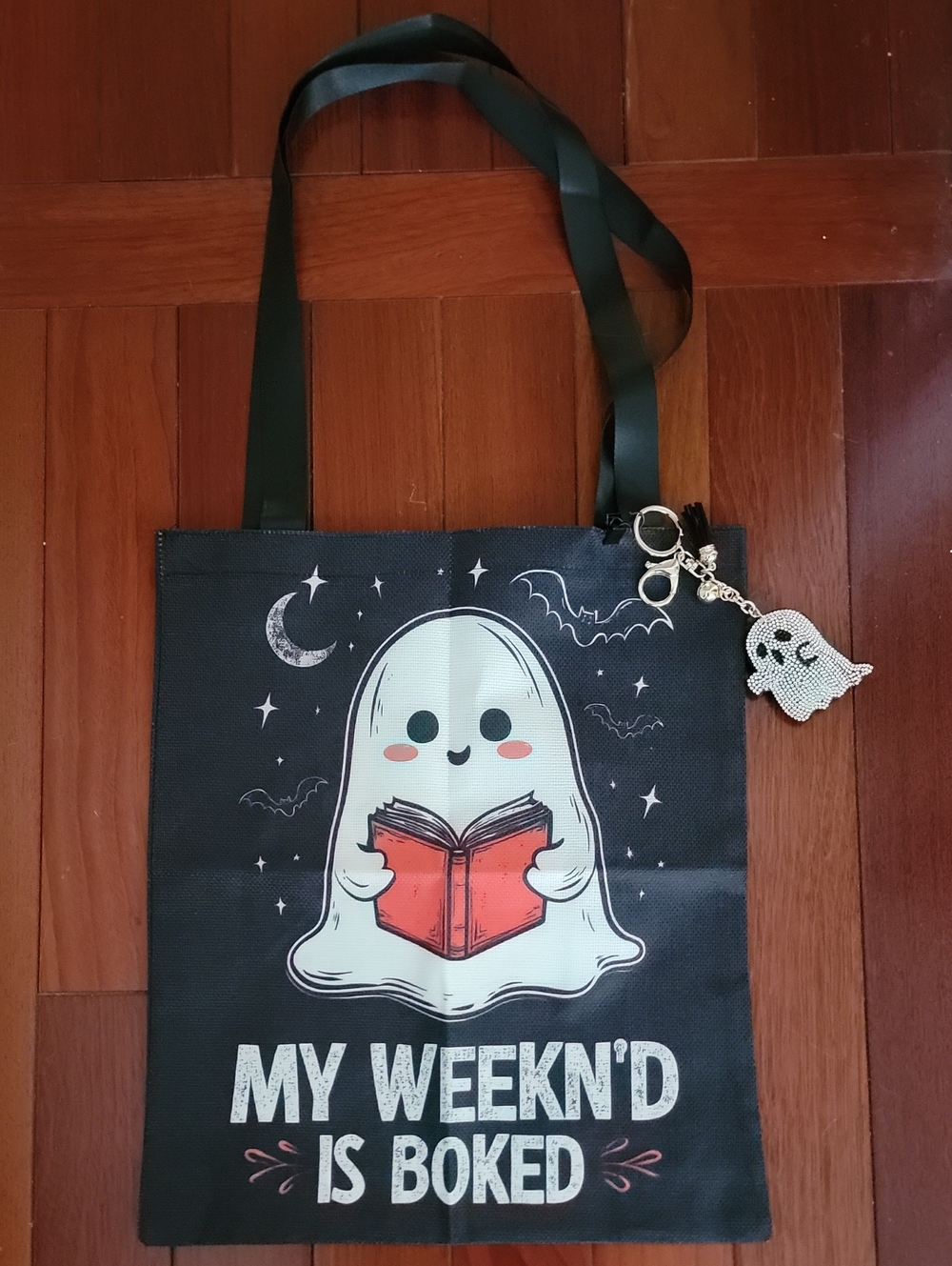 Cute Ghost Print Black Tote Bag with Red Accent